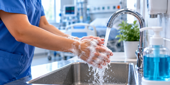 Clinical Handwashing in Blue Scrubs