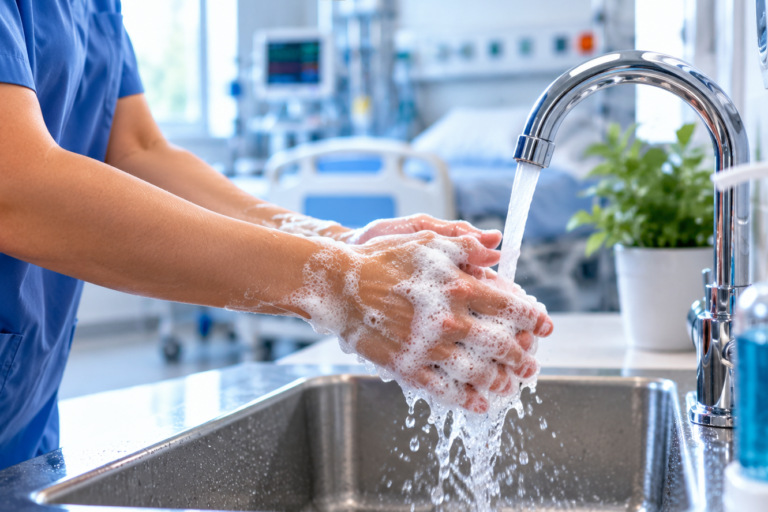 Clinical Handwashing in Blue Scrubs